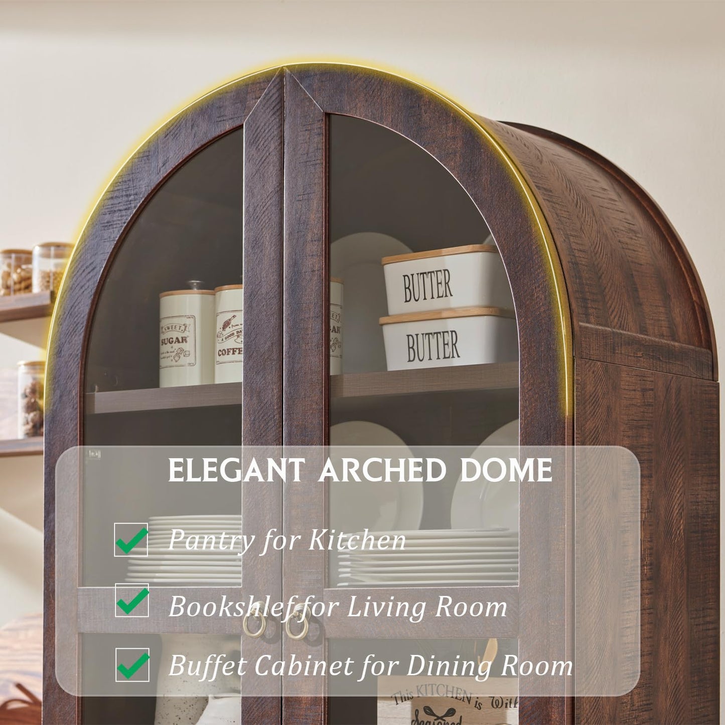 IFGET 71" Tall Arched Kitchen Pantry Cabinet, Wood Kitchens Storage Cabinets with 2 Large Drawers and Adjustable Shelves, Modern Farmhouse Versatile Cupboard for Kitchen, Dining Room, Bathroom, Brown