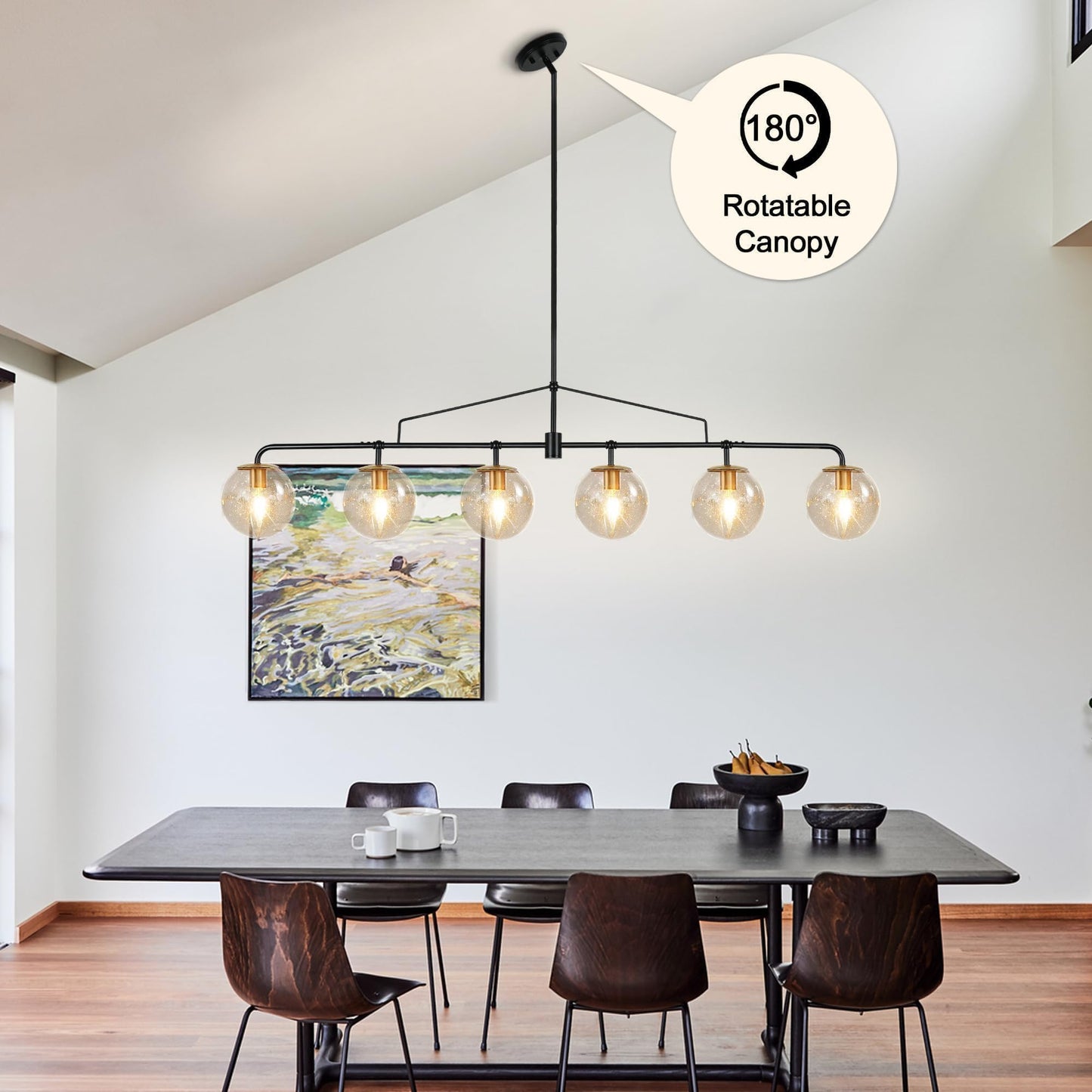 Lzawvm Modern Linear Chandelier Black and Gold Chandelier Dining Room Light Fixture 6 Lights Linear Pendant Light with Seedes Glass Globe Shade for Farmhouse Island Over Tble, Length 51.58 Inch