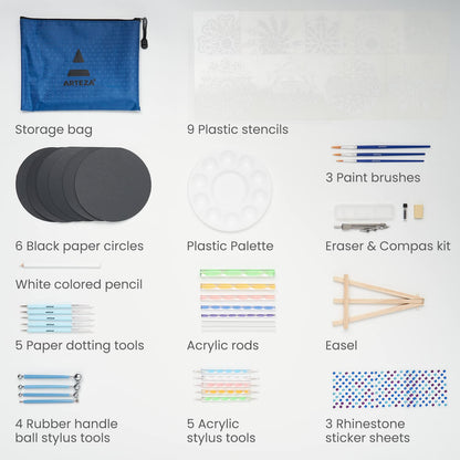 Arteza Mandala Dotting Tools, 49 Pieces — 9 Stencils, 6 Black Paper Circles, 3 Paintbrushes, 3 Rhinestone Sticker Sheets, 1 Easel, Art Supplies to Create Ornaments and Gifts