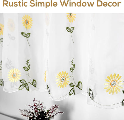ZHH Sheer Embroidery Valance for Window with Daisy - Short White Kitchen Curtain, 1 Panel, 17x70inch