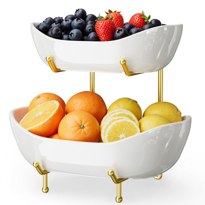 Josmimic 2 Tier Ceramic Fruit Bowl for Kitchen Counter – Fruit Basket with Gold Metal Stand, Holder for Snacks, Nuts, Cakes, Desserts, Bread, Candy Storage