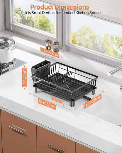 LIONONLY Dish Drying Rack for Kitchen Counter, Stainless Steel Drainer Anti Rust, Smart Drainage System Drainboard with Detachable Cutlery Holder, Handwash Dish Helper for Home, Apartment Space Saving