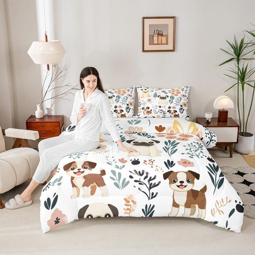 Feelyou Cute Puppy Dog Bedding Set - Kids Toddler Dog & Flowers Comforter Set - Botanical Plant Duvet & Quilt Set