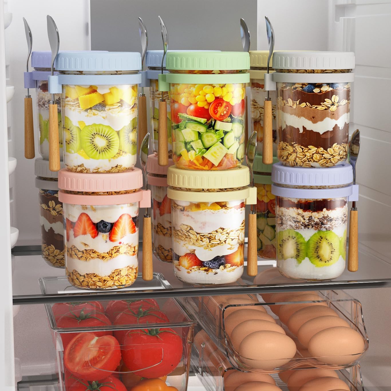 16oz 6 Pack HomArtist Overnight Oats Containers with Lids and Spoons, Wide Mouth Mason Jars with Airtight Lids