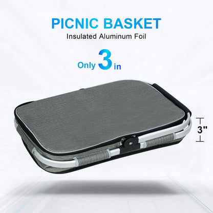 LIQING 35L Large Picnic Basket 2 Layers of Internal Pockets Leak-Proof and Insulated ，Folding with Internal Support for enhansed Stability, Wedding Gifts for Couple(Grey)