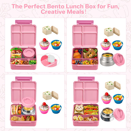 JSLOVE Bento Lunch Box with Leak Proof Thermos Food Jar for Kids, Food Lunch Containers for Girls with 4 Compartments, BPA-Free with Utensils, Food Picks, Sauce Jar & Silicone Lunch Box Dividers