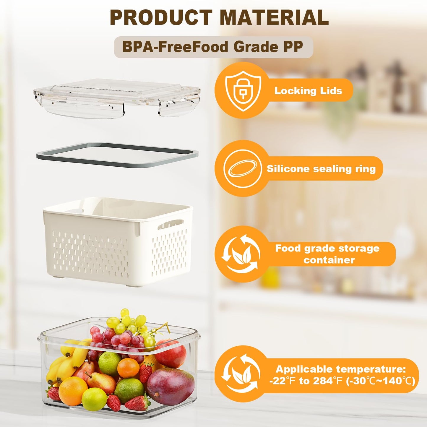 4 Pcs Fruit Storage Containers for Fridge (with Drain Basket) - Leak-Proof Food Containers, BPA-Free, Keep Fruits, Vegetables, Berries, and Meats Fresh for a Long Time, Dishwasher and Microwave Safe