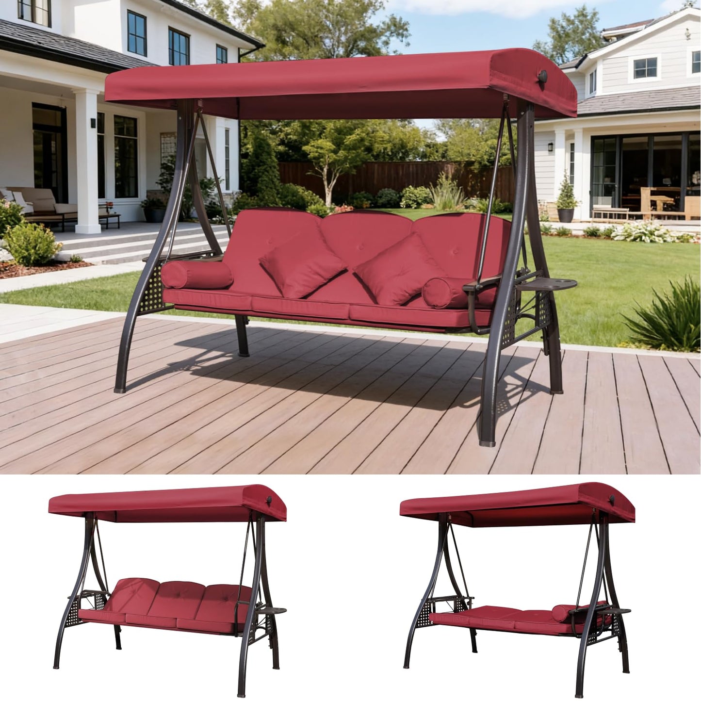Mvpipi Outdoor Porch Patio Swing,3-seat Swing with Canopy,3 in 1 Convertible Swing Bed for Adults,Porch Swing with Stand,Bench Swing with Pillows & Cup Holder for Garden,Deck(Wine Red,Square Tube)