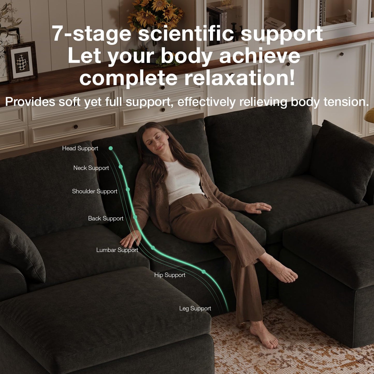 Novilla 133.8" Modular Cloud Couch, Modern Sectional Sofa with Smarts Coil® Support, Chenille Fabric, Upholstered Couch for Living Room Apartments Bedroom, No Assembly, 6 Seater, Dark Grey