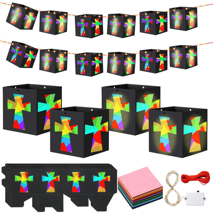 VIHOSE 24 Sets Religious Cross Craft Christian DIY Hanging Christian Lantern Tissue Paper Crafts with Light String Make Your Own Paper Lantern Decorations for Church Sunday School Vbs Activities