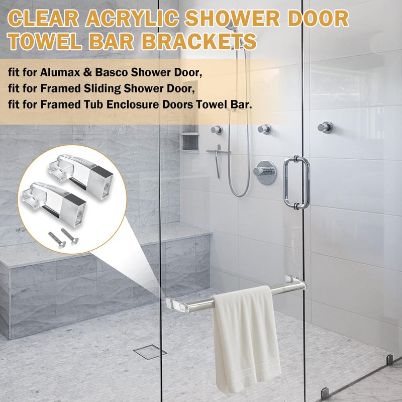 Clear Acrylic Shower Door Towel Bar Brackets with Bright Chrome Sleeve Replacement for Alumax/Basco Framed Sliding Shower Door Towel Rod Sliding Doors Replacement Parts-Towel Bar NOT Included (Silver)
