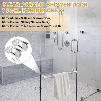 Clear Acrylic Shower Door Towel Bar Brackets with Bright Chrome Sleeve Replacement for Alumax/Basco Framed Sliding Shower Door Towel Rod Sliding Doors Replacement Parts-Towel Bar NOT Included (Silver)