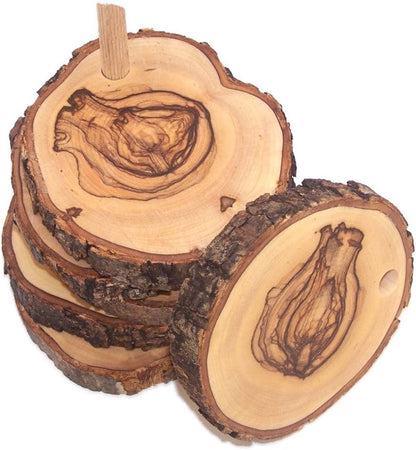 Holy Land Market Hand Carved Olive Wood Coaster Set of 5 Plus Base, Natural Wooden Coasters, 3.5 Inches