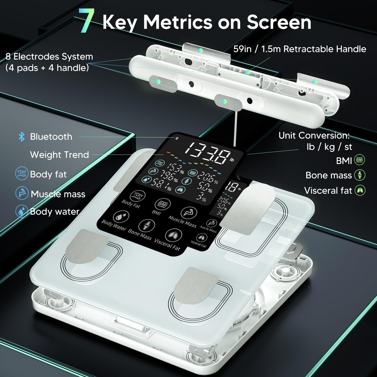arboleaf Scale for Body Weight, Smart Scale with BMI, Body Fat, Muscle Mass, Upgrade 50+ Metrics Full Body Composition Analyzer, 8-Electrode High Precision Digital Bathroom Scale, Bluetooth Sync