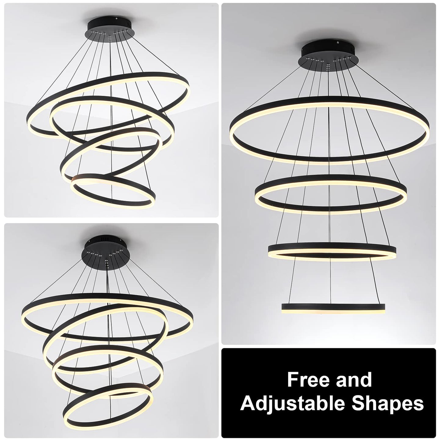 XGZL · LIGHTING 4-Rings Modern LED Chandelier Black Contemporary for Living Room, Dimmable Flush Mount High Ceiling Pendant Light with Remote Control for Staircase Dining Room(D31.5’’, 3000K-6500K)