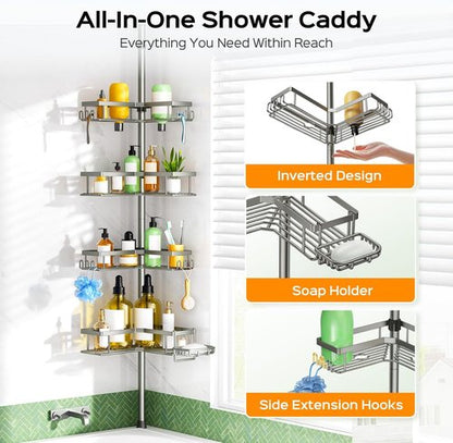HAMITOR Shower Caddy - 4-Tier Rustproof Bathroom Organizer with Soap Holder & Hooks | Adjustable No-Drill Design (47-123 Inch)