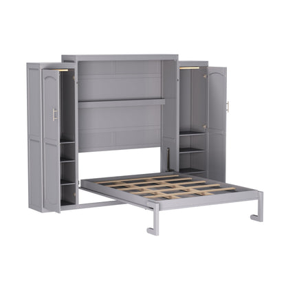 Ball & Cast Full Size Murphy Bed,Wood Foldable Wall Bed with 2 Sides Wardrobe and Storage Shelf, Hidden Cabinet Bed Frame for Bedroom,Guest Room,Space Saving,No Box Spring Needed,Gray