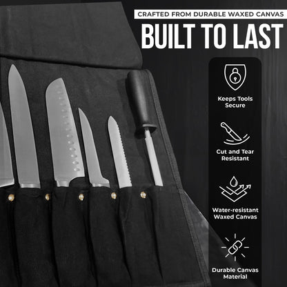 Chef Knife Roll Bag - Durable 6 Slot Black Waxed Canvas Knife Roll- Water Resistant Standard Knife Bag w/ Roll Tie, Large Zippered Pouch & 6 Plastic Knife Guards-Fits knives up to 2” wide & 15” long