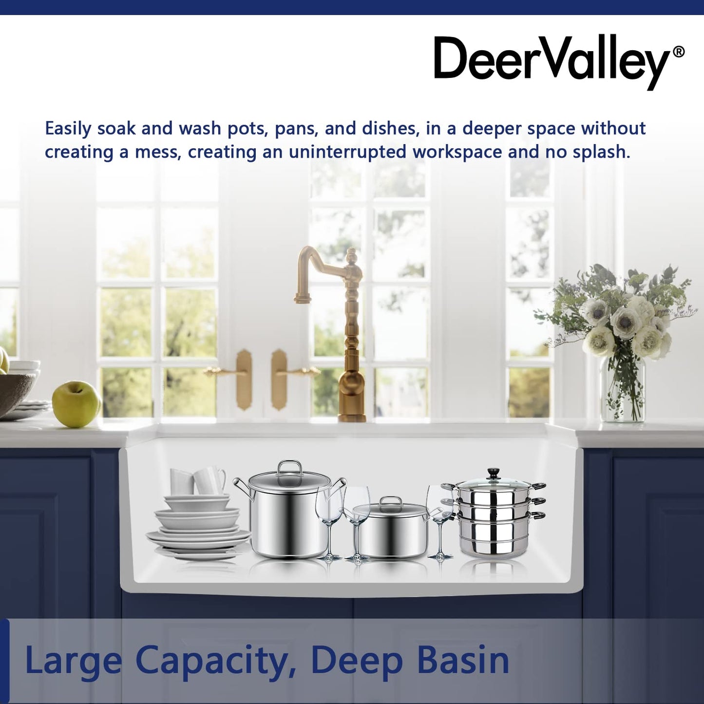 DeerValley Farmhouse Kitchen Sink 33 inch, White Fireclay Apron Front Farm Sinks, Single Bowl Deep Drop In Undermount Sink with Grid and Basket Strainer, Easy to Clean