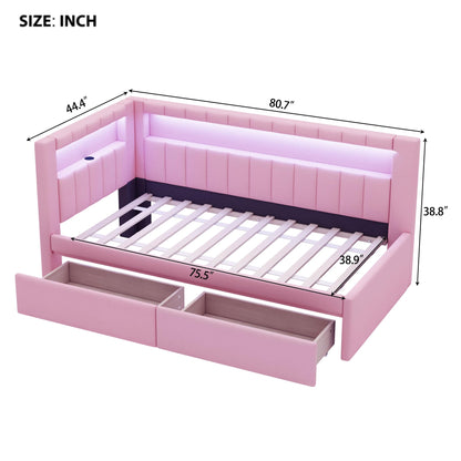 Bellemave Twin Size Upholstered Daybed with Drawers and USB/LED Belt, Corner Bed with Drawers. L-Shape daybed for Bedroom Living Room, Pink（Linen）