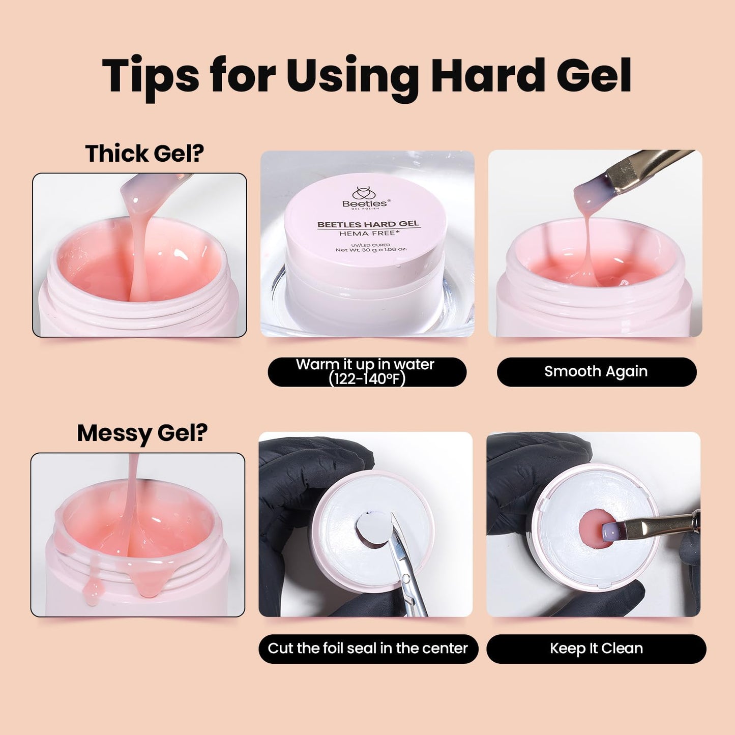 Beetles Hema Free Hard Gel for Nails,2.12 oz 9 in 1 Hard Gel for Nail Extension & Strengthening Broken Nail Repair with Flat Brush 100 Pcs Nail Forms UV LED Lamp Cured Salon Nail Technicians Women