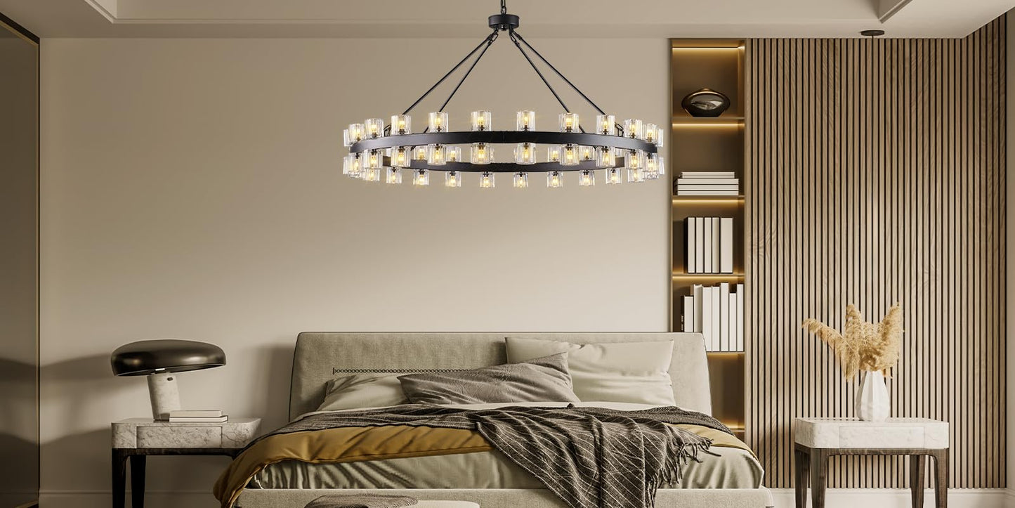Plsintly 48 Inch Black Wagon Wheel Chandelier with Crystal Shade, Crystal Chandelier, Modern Farmhouse Style, Ideal for Dining Room, Kitchen, Entryways,48 Lights (Bulbs Included)