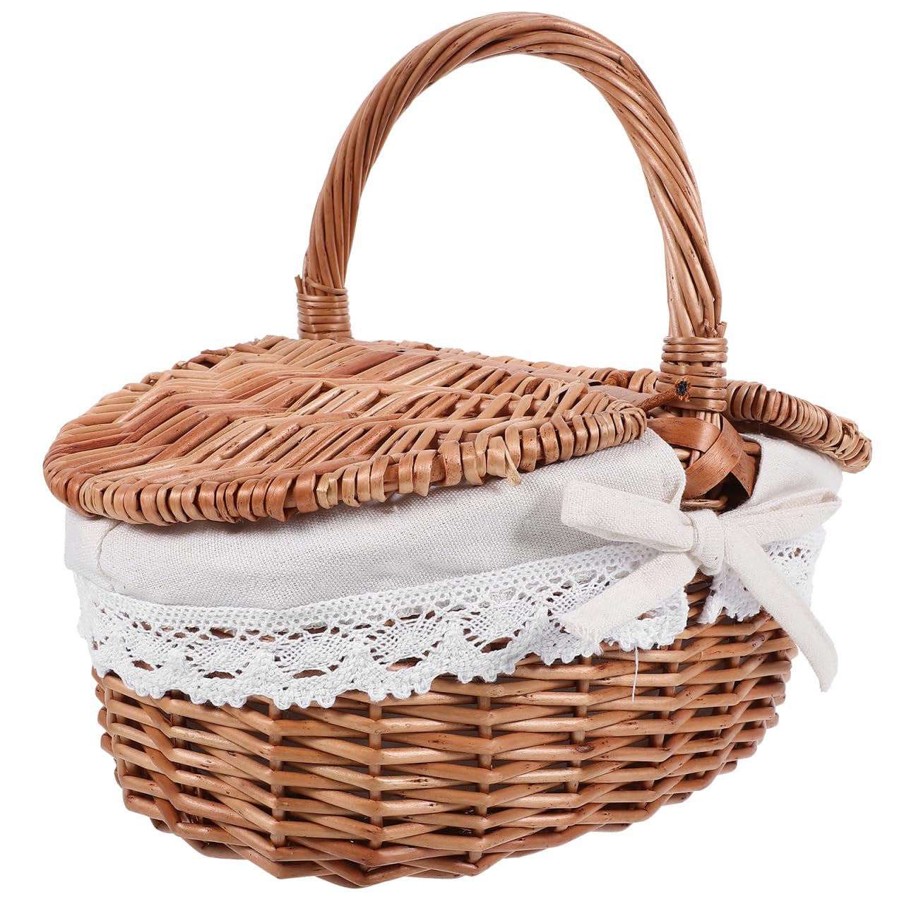 Mipcase Wicker Picnic Basket with Lid and Handle: Vintage Woven Storage Basket with Washable Lining for Flowers Vegetables Fruits, 10.02X7.27X5.31in