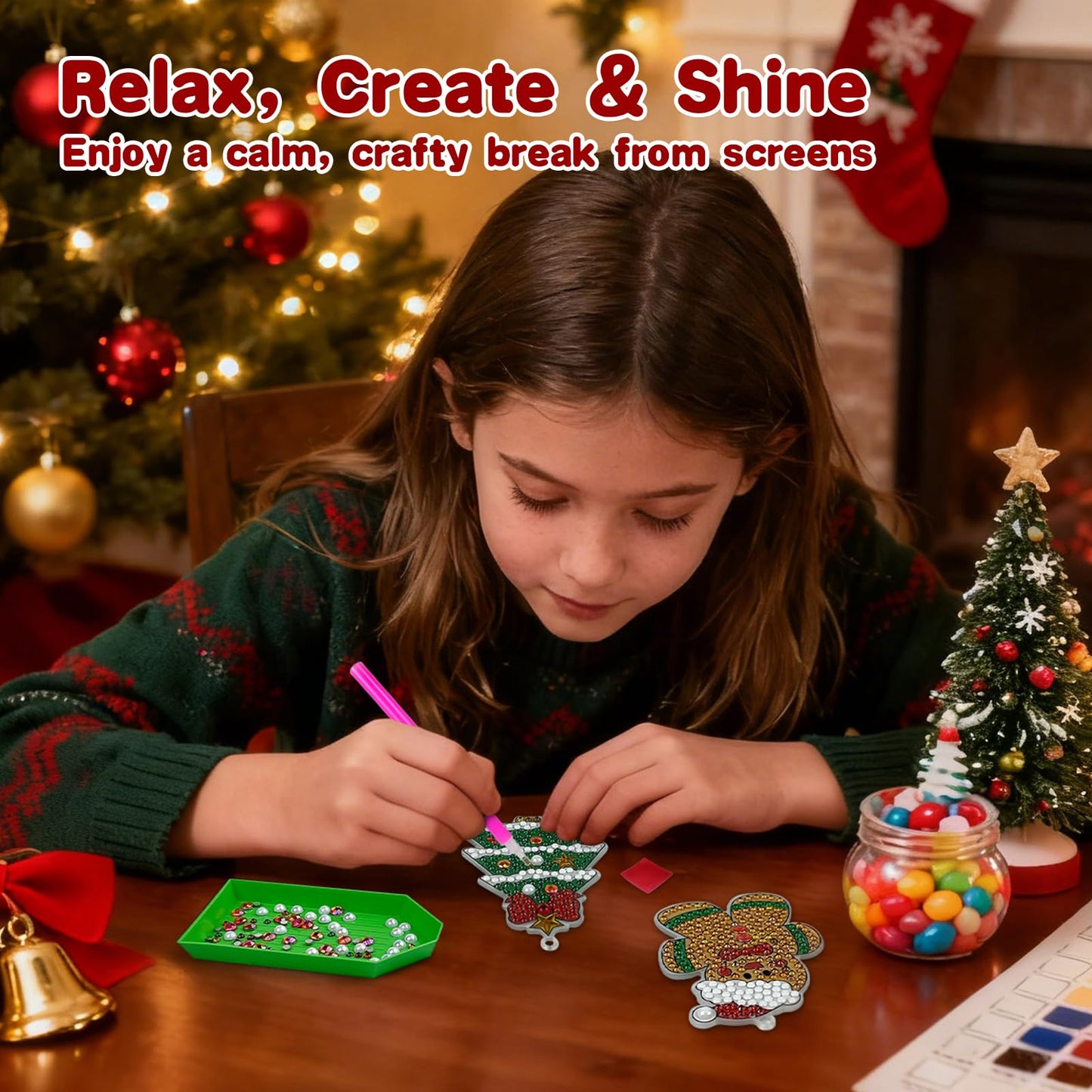 NewFamily 12 PCS 5D Winter Diamond Art Ornaments Kits for Adults, DIY Gem Art Kit with Keychains, Begginer Diamond Painting Crafts for Holiday Decorations