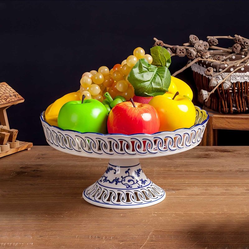 YYMayLsh Decorative Porcelain Fruit Bowl with Pedestal, Blue and White Floral Pattern, 11x5.7 inches