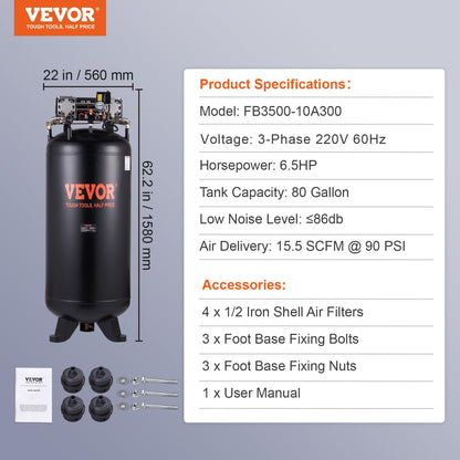 VEVOR 80 Gallons Air Compressor, 6.5HP 15.5SCFM@90 PSI Oil-Free Air Compressor Tank with 145PSI Max Pressure, 86dB Quiet Air Tank for Industrial Manufacturing, Air Brushing, Spraying (3-Phase Power)