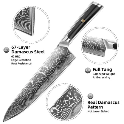Sunnecko 8 Inch Japanese Damascus Chef Knife - Ultra Sharp 10-12 Degree Edge VG10 67 Layers Kitchen Cooking Knives for Meat, Vegetable & Fruit, Full Tang Forged Blade, Premium Father Day Gift Box