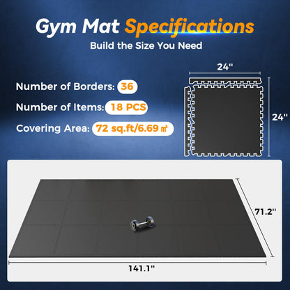 SUPERJARE 1" Extra-Thick Rubber Top Exercise Mat, Puzzle Gym Flooring for Home Gym, Gym Mat for Workout Equipment, Interlocking Floor Tiles with EVA Foam, 18 Pcs 72 Sq Ft, Black