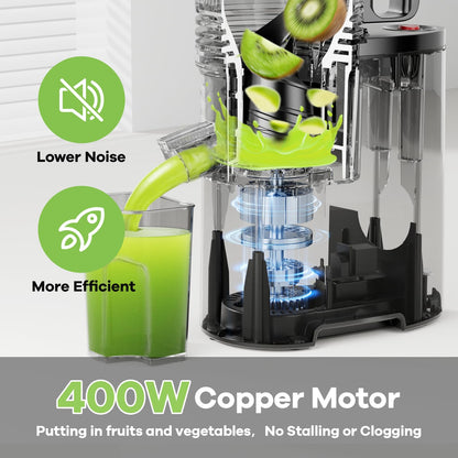 EanOruus Cold Press Juicer, 5.8" Wide Feed Chute Juice Extractor Machine with 400W, High Juice Yield, Slow Masticating Juicer for Whole Vegetables & Fruits, Silver