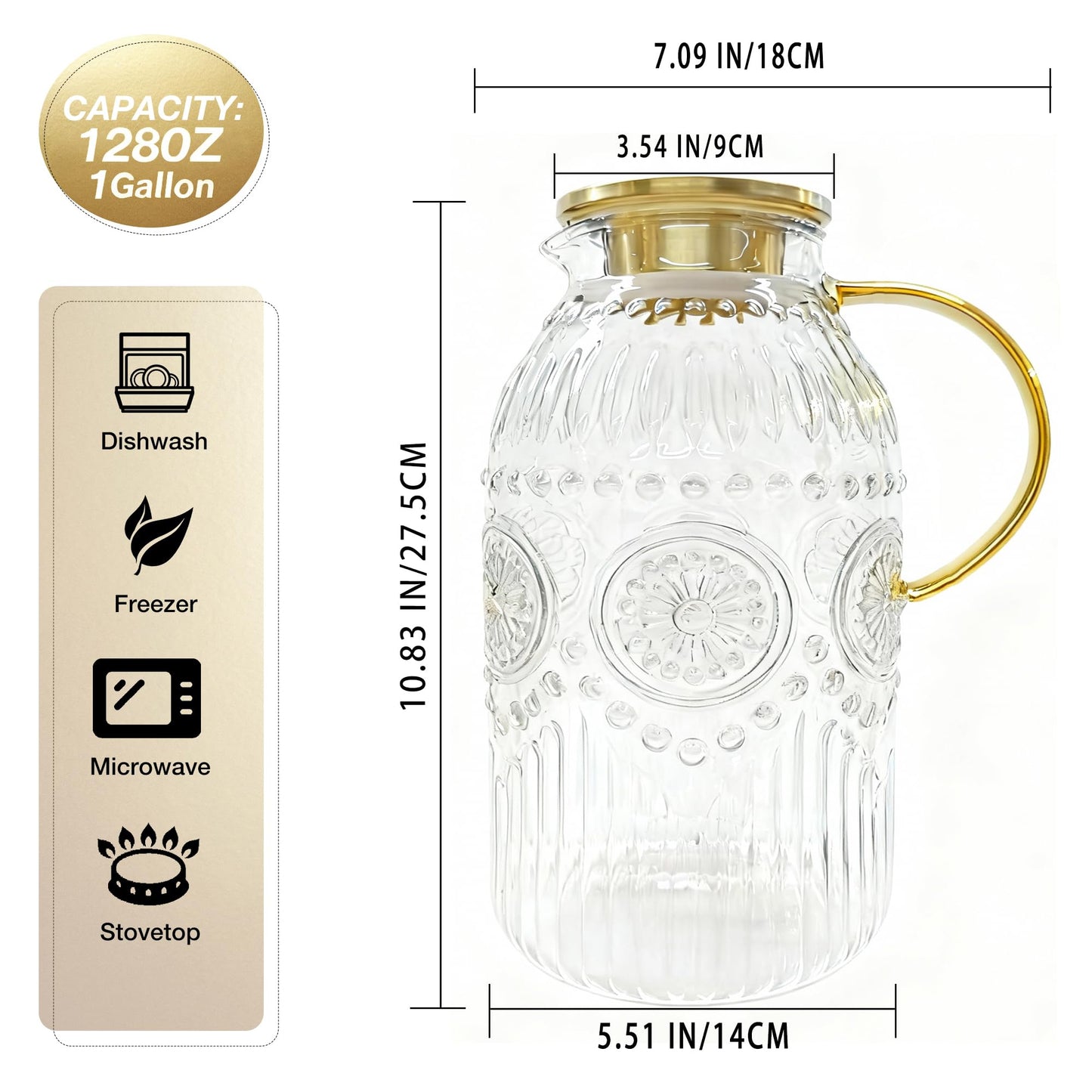 Amzcku Glass Pitcher with Lid, 101 oz/ 3 Liter Vintage Water Pitcher,Water Carafe for Cold Brew, Coffee, Lemonade, Iced Tea,Beverage, Heat Resistant Water Glass Jug 1Pack