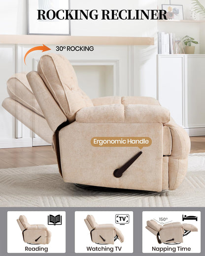GARTMILAN Oversized Manual Recliner Chair with 360° Swivel, Big and Tall Rocker Glider for Nursery Living Room, Chenille Overstuffed Reclining Sofa with Handle, 375lbs (Beige, Manual)