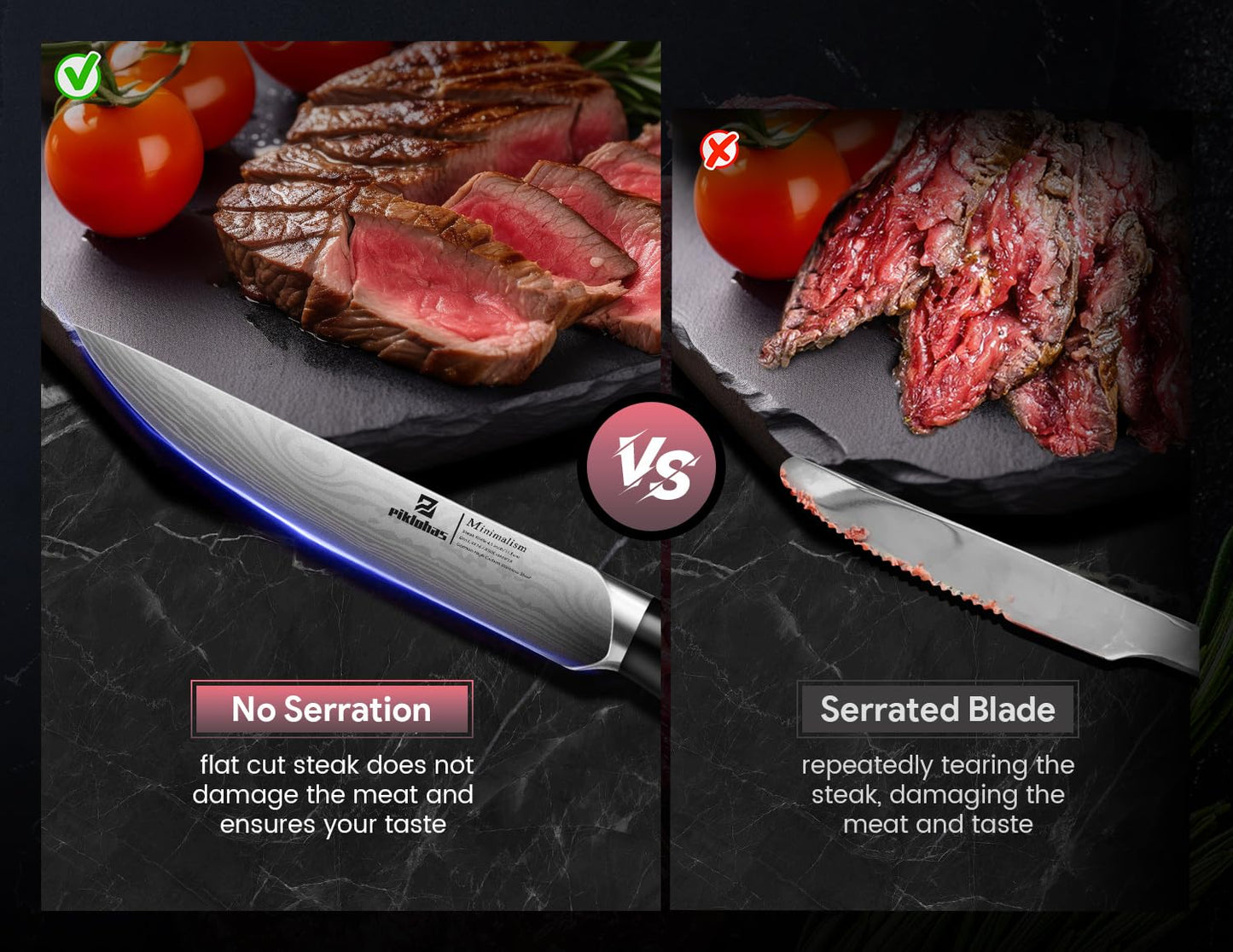 Piklohas Steak Knives Set of 6, 4.6 Inch Non Serrated Dinner Knife, Forged German Steel Damascus Pattern Straight Edge Meat Knife with Full Tang Handle, Dishwasher Safe, Ideal for Gift