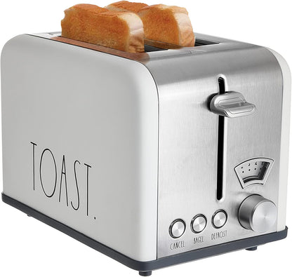 Rae Dunn Stainless Steel Toaster, 2 Slice Square, Wide Slot with 5 Browning Levels, Bagel, Defrost, Cancel Options