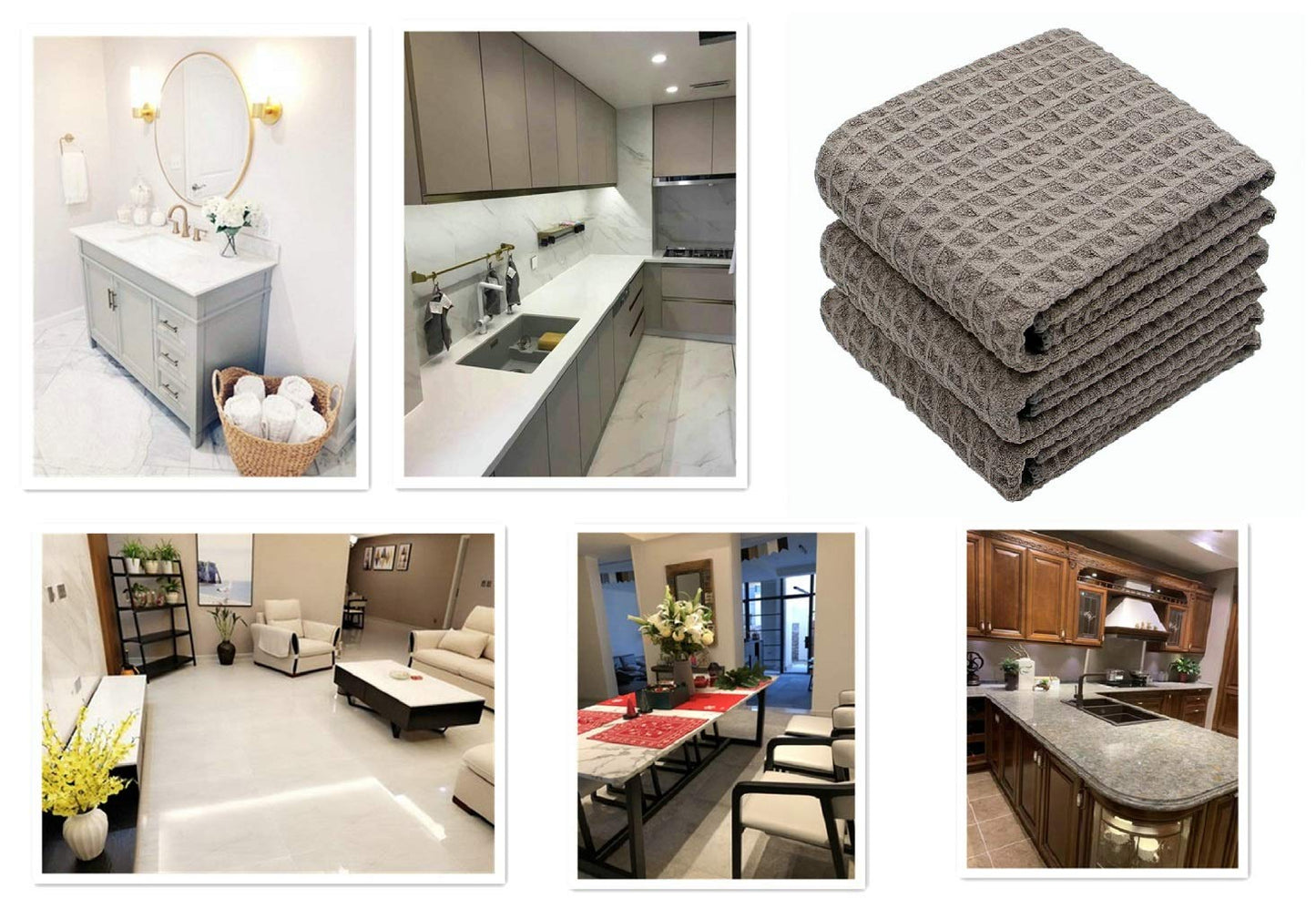 VeraSong Waffle Weave Thick Microfiber Dish Drying Towels Absorbent Tea & Hand Towel Lint Free 16x24 Inch 3 Pack Gray