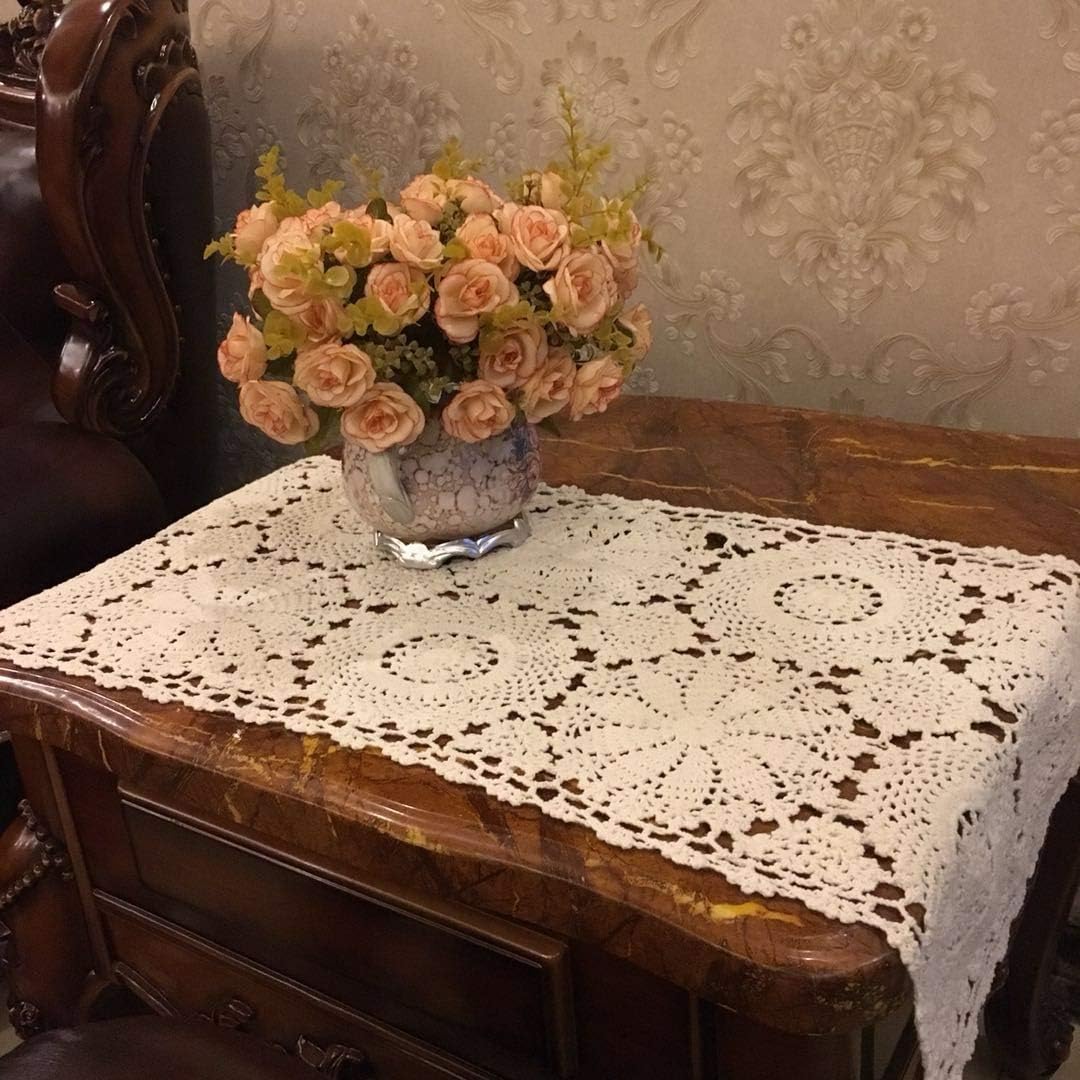 15X27inches 2PC USTIDE Floral Crochet Table Runner , Beige Cotton Table Doilies for Dressers and End Tables,Crochet