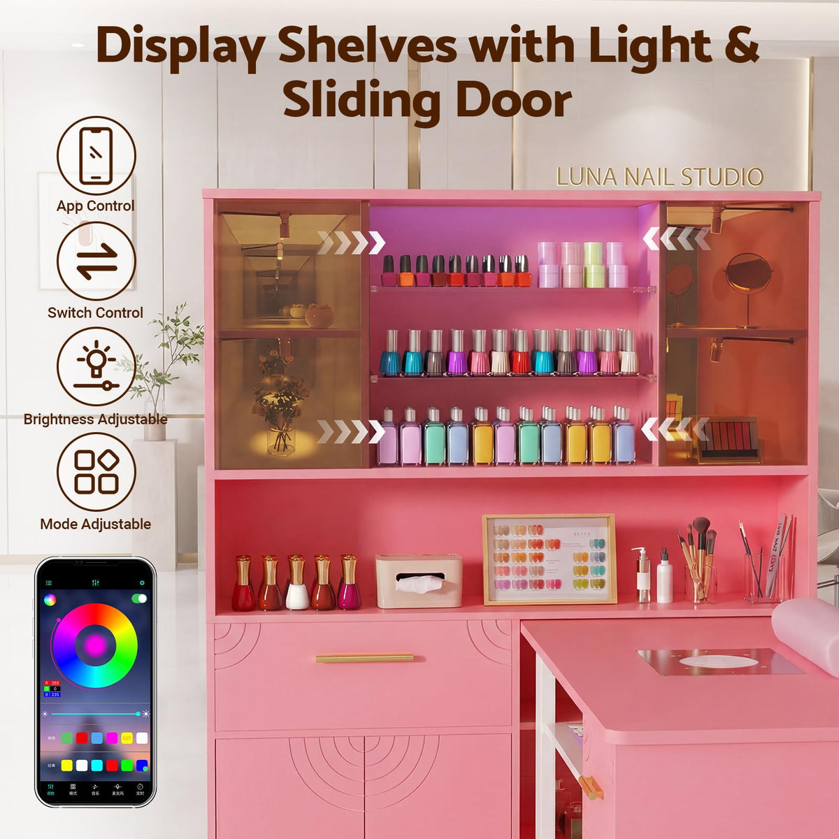 Mobile Manicure Table with Dust Collector, Double Tabletop Nail Desk for Technician, Nail Station w/Display Shelves, 3 Adjustable Layers, Drawers, Cabinets, Sliding Door & LED Light Strip, Pink