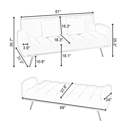 Convertible Futon Loveseat Couch Reversible Loveseat Folding Daybed Guest Bed, Tufted Teddy Fleece Upholstered Convertible Sleeper Sofa Bed with Golden Metal Legs and 2 Pillows for Living Room Office