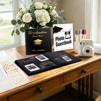 LawnIdyll 2026 Graduation Guest Book with Photo Sign Metallic Pens Stickers 144 Pages Class of 2026 Scrapbook Album Gift Memory Book for High School College Graduation Party Supplies (Black)