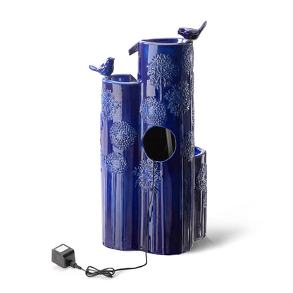 Glitzhome 32" H Outdoor Water Fountain with LED Lights and Pump, 4 Tier Ceramic Cobalt Blue Dandelion Texture Outdoor Fountains and Waterfalls with Cute Birds, for Porch Deck Garden Patio Backyard