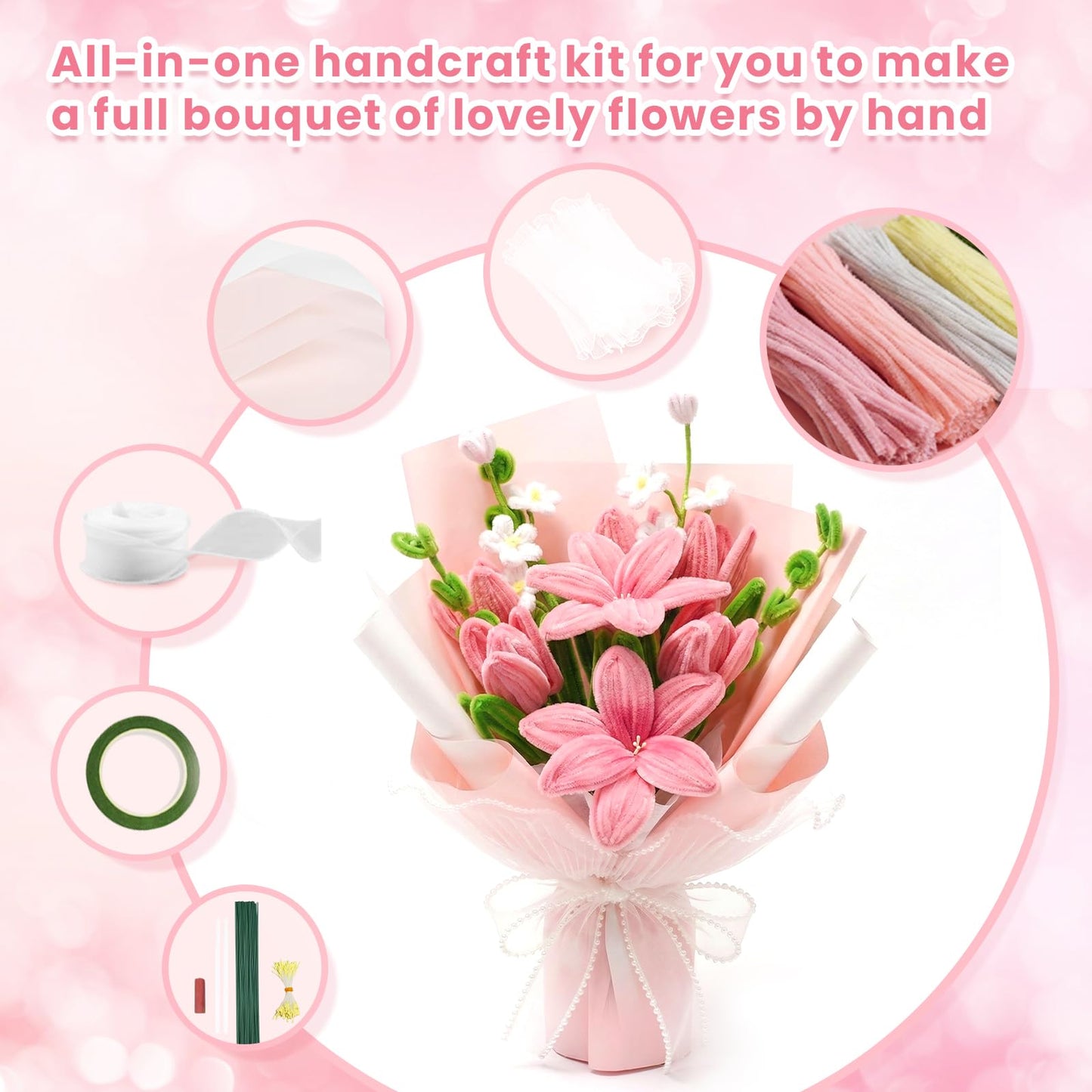 600 PCS Pipe Cleaners Craft, 6 Colors Pipe Cleaner Bulk Flower Kit, Chenille Stems Bulk with Floral Wires, Gardening Tape, Stamen, Wrapping Paper & Ribbon, DIY Art and Craft Supplies - Pink Gradient