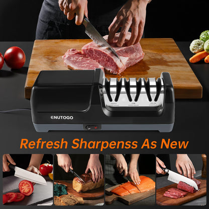 Enutogo Knife Sharpener, Professional 3-Stage Electric Knife Sharpener for Kitchen Knives, 100% Diamond Abrasive for 20° Precision Angle Guide, Quickly Sharpening and Polish Blades