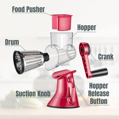 KYZ Rotary Cheese Grater - 12X Faster Hand Crank Vegetable Slicer with 3 Premium Stainless Steel Blades, Strong Suction Base, Dishwasher Safe Food Shredder for Cheese, Vegetables, Nuts, Chocolate