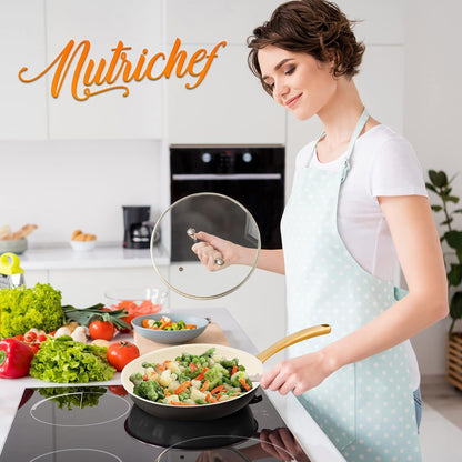 NutriChef 8-Inch Professional Ceramic Frying Pan, Small Skillet with Golden Titanium Handle, Non-Stick