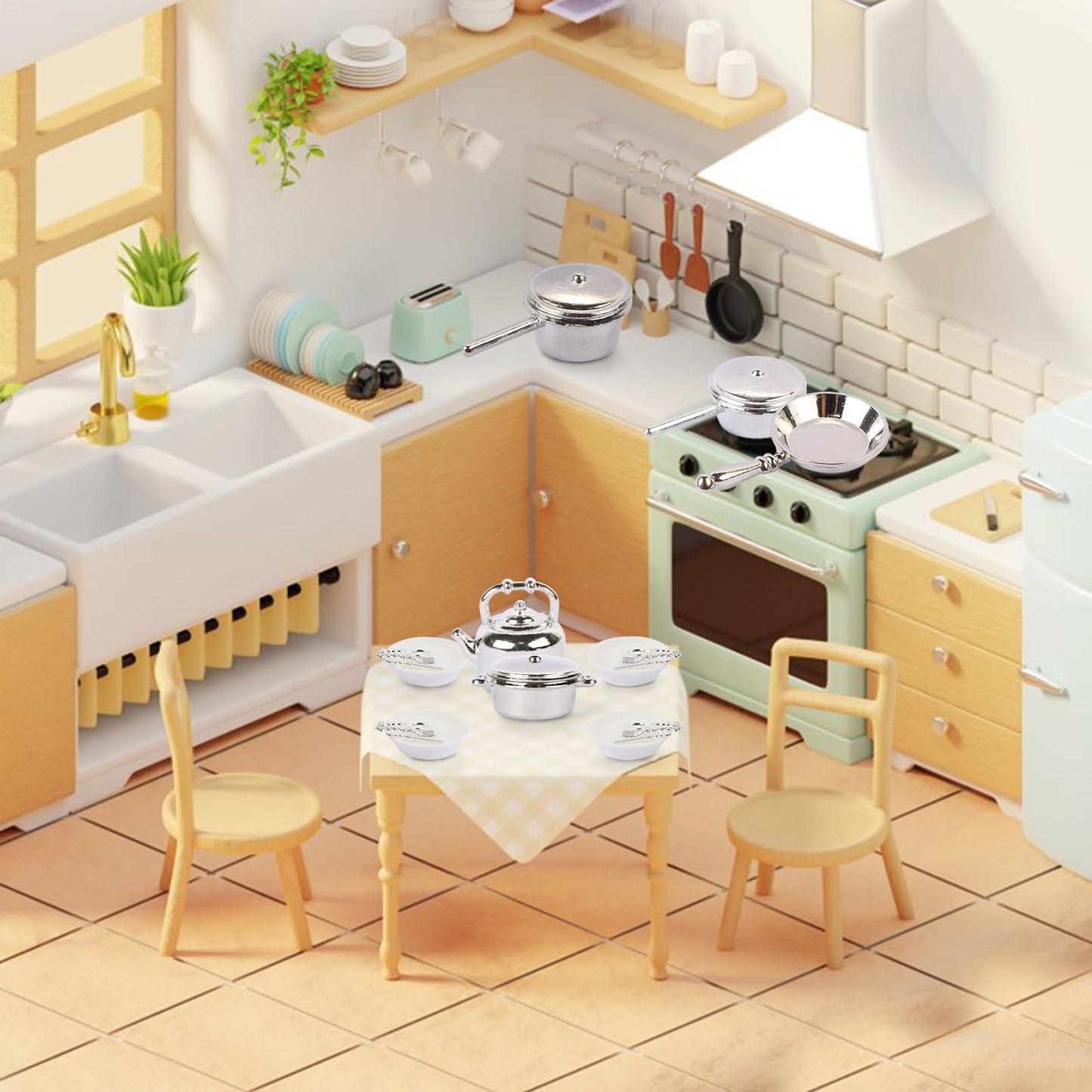 26 Pieces Dollhouse Miniatures Kitchen Set Metal Miniature Baking Set Include Mini Pots Mini Pans Plates Knife Fork Spoon for Dollhouse Party Decoration Supplies