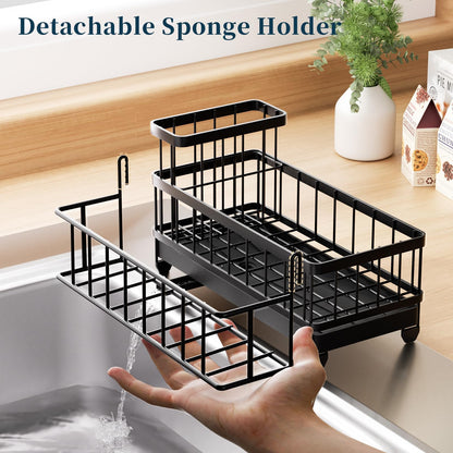 Consumest Sponge Holder for Kitchen Sink - Auto Draining Sink Caddy Organizer with Detachable Rack, High Brush Holder, Kitchen Countertop Storage Accessories, Black