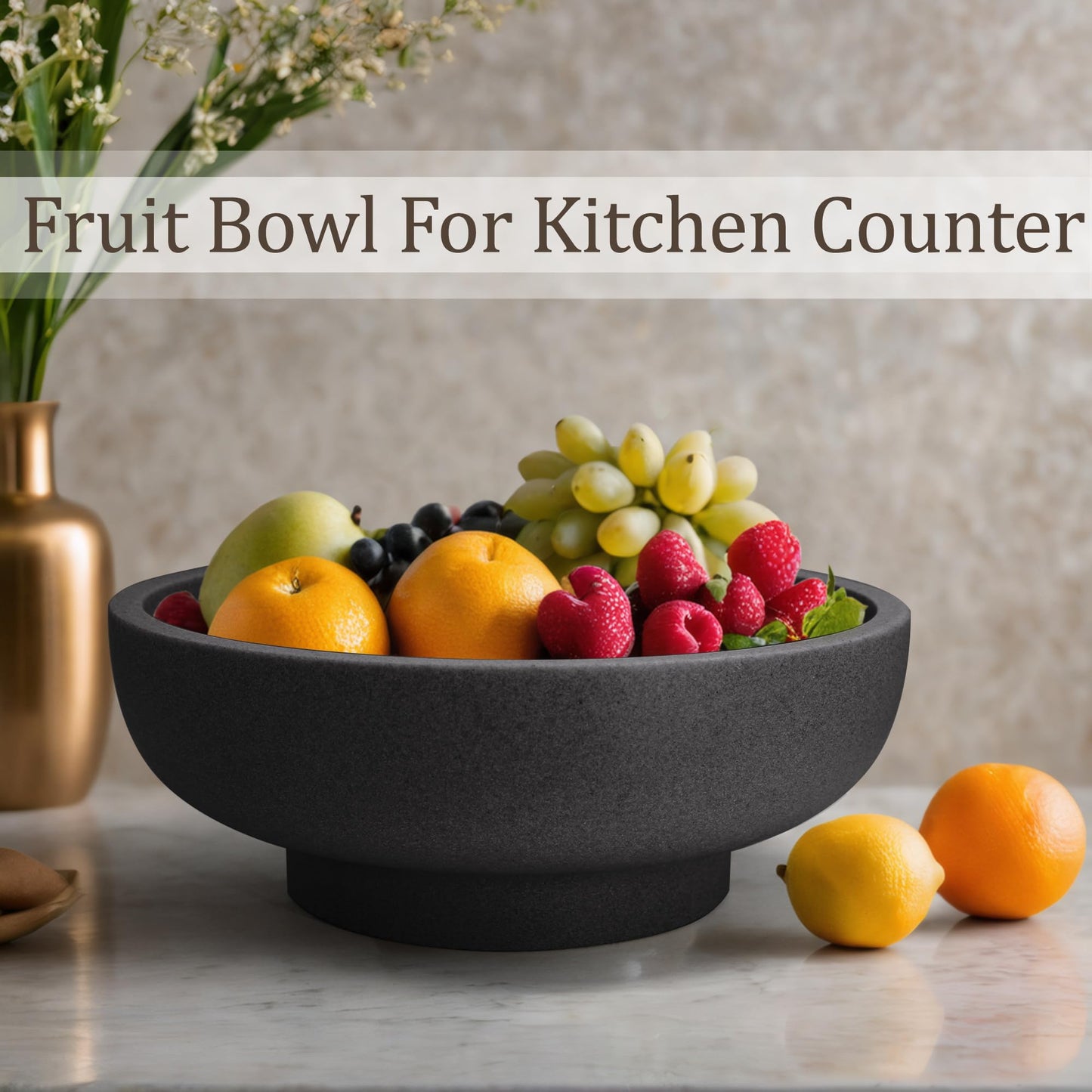 LIN CHUAN Large Decorative Bowl, Fruit Bowl for Kitchen Counter, Modern Resin Bowl for Home Decor, Key Holder for Entry Table, Artificial Stone Black